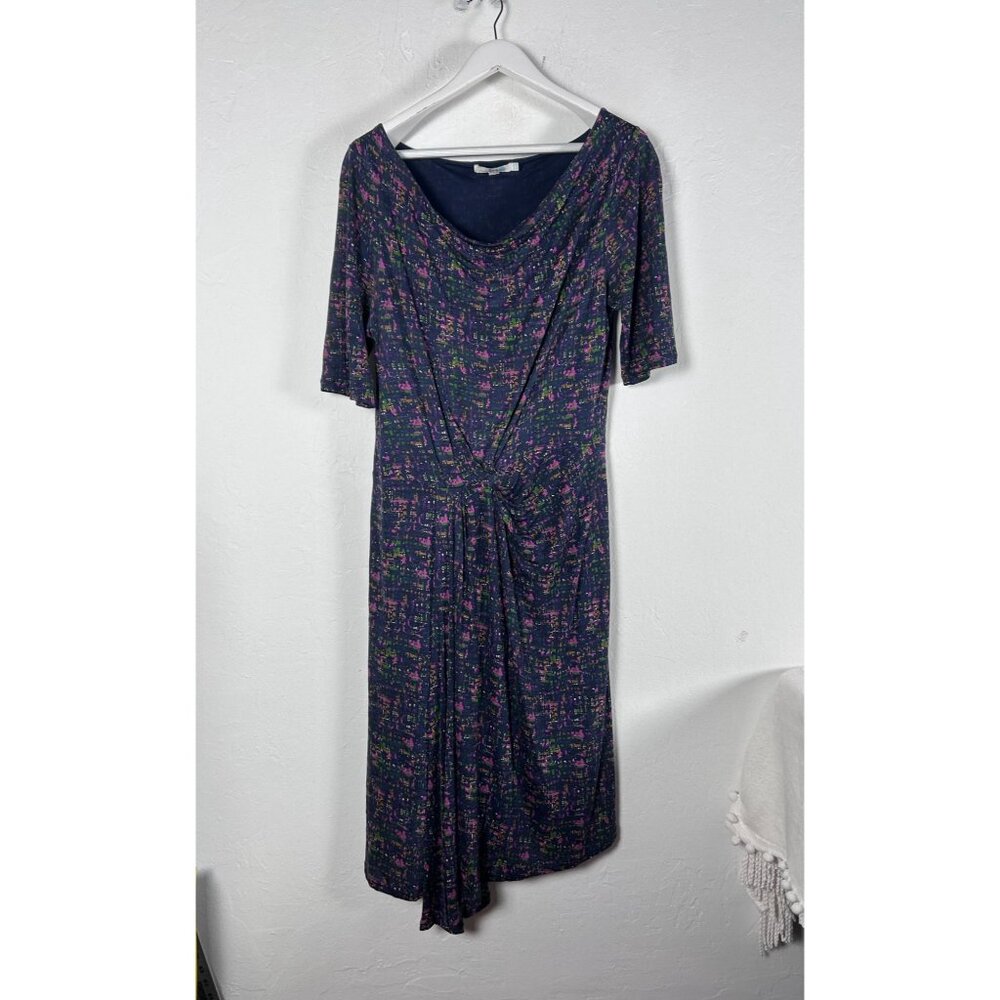 Boden Womens Abstract Print Drape Neck Midi Dress Size 12R Front Knot Detail